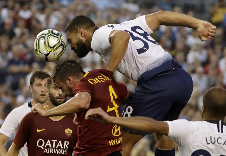 Tottenham and AS Roma vie for a head ball during the first half of an International Champions Cup tournament AS Roma vying for a head ball during the ICC 2018 match in United States