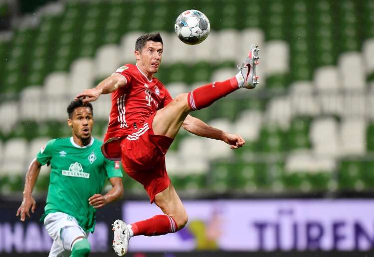 Bayern Munich’s Robert Lewandowski scores his 31st Bundesliga goal this season vs Werder Bremen