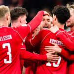 世界杯预选赛 达姆斯高抓住门前机会破门，为丹麦打破僵局取得领先